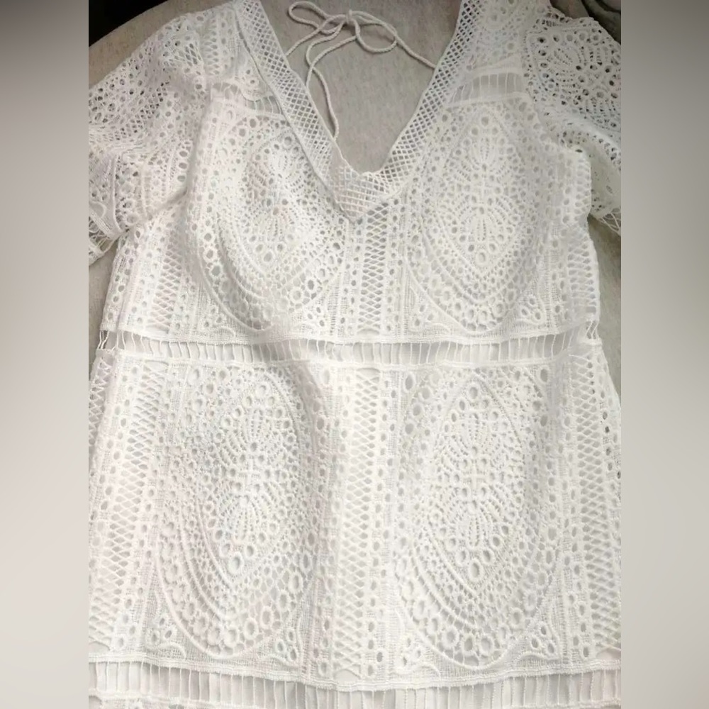 White Crochet Dress V Neck Tie Back, NWT - Picture 7 of 8